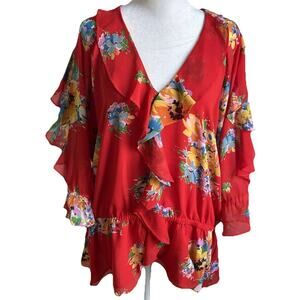 Lauren Ralph Lauren Peplum Blouse Womens XXL Red Floral Ruffle V Neck Chiffon